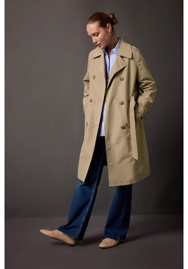 Defacto Su İtici Mevsimlik Trençkot Kruvaze Yaka Düğmeli Cepli Kemerli Apoletli A0593AX24SPBN425 Kahve
