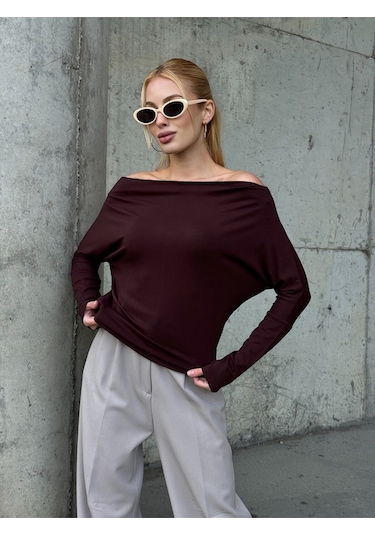 Kadın Kayık Yaka Full Esnek Asimetrik Kesim Comfort Spor Şık Tasarım Yumoş Bluz Kahverengi