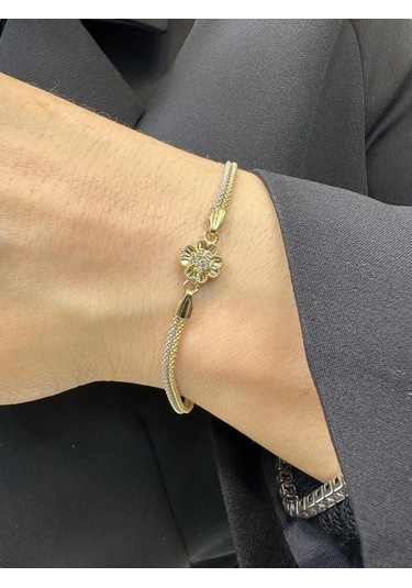 MaGold Yonca İki Renk Pop Corn Zincir Üst Kalite 14 Ayar Altın Bileklik Altın - Yeşil