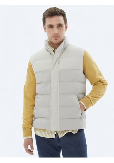 Kip Bej Regular Fit Dik Yaka Casual Dokuma Spor Yelek Bej
