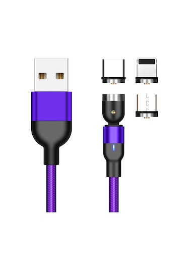 2m 2a Çıkış 3'ü 1 Arada Usb - 8 Pin Usb-c / Type-c Mikro Usb Naylon Örgülü Döndürmeli Manyetik Şarj Kablosu Mor
