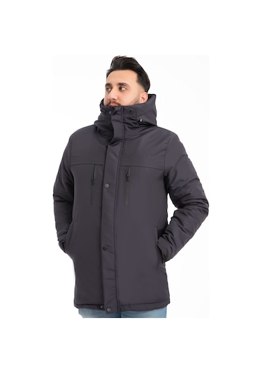 Erkek Lacivert Içi Polarlı Kürklü Su Ve Rüzgar Geçirmez Kapüşonlu Kışlık Mont & Kaban & Parka Lacivert