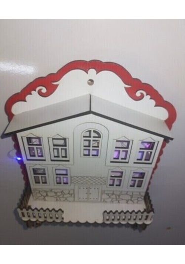 Işıklı Dekoratif Ahşap Ev Model Duvar Anahtarlık Askılık Beyaz - Kırmızı