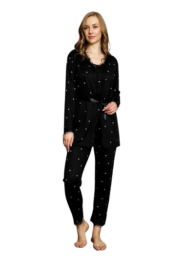 Sabahlıklı Dantel Detaylı Pegasus Kadın Pijama Takımı-çeyizlik Takım- Geniş Beden Aralığı Siyah