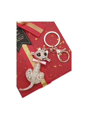 Kristal Taşlı Pembe Papyon Kedi Anahtarlık No.1 Gümüş
