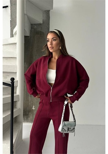 Neşeli Butik Kadın 3 İplik Şardonlu Oversize Eşofman Takımı Nbg105 Bordo
