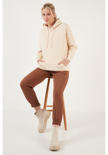 Lela Regular Fit Pamuklu Kapüşonlu Yaka Şardonlu Kışlık Bayan Sweat 5863854 Taş