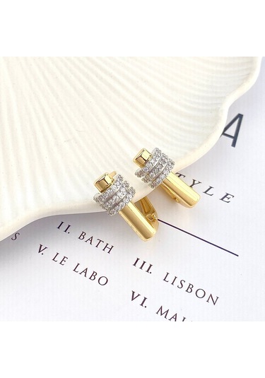 Kadın Küpe Trend Model Zirkon Taşlı Çelik Küpe Gold Gold - Gümüş