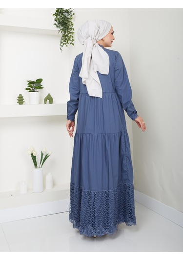 Dantelli Doğal Kumaşlı Boydan Düğmeli Kot Elbise İndigo