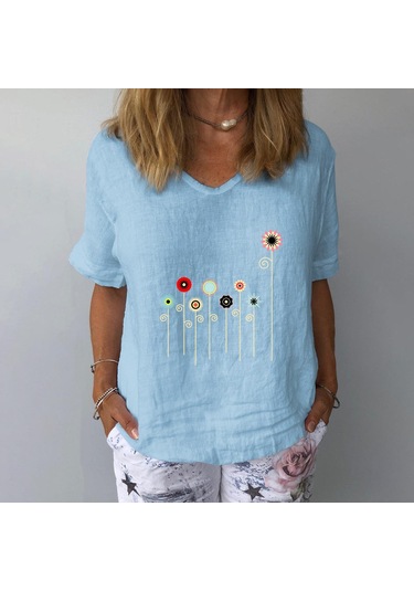 Kadın Modası Günlük Yaz Kısa Kollu O-boyun Bluzlar Ve Gömlekler Açık Mavi