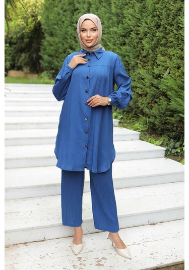 Büzgü Detaylı Tesettür İndigo Takım I Ndigo