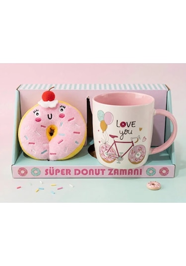 Donut Peluş Anahtarlıklı Kupa 360 Ml Pembe3