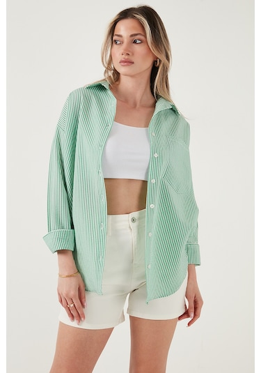 Lela Regular Fit Uzun Kollu Cepli Çizgili Bayan Gömlek 6772895 Benetton
