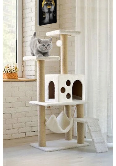 Missidea B10 Hamaklı Yuvalı Lüx Kedi Tırmalama Evi Beyaz