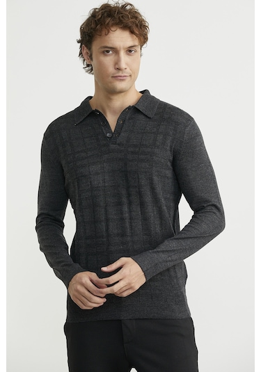 Polo Yaka Ekose Motifli Triko Kazak - Antrasit Antrasit