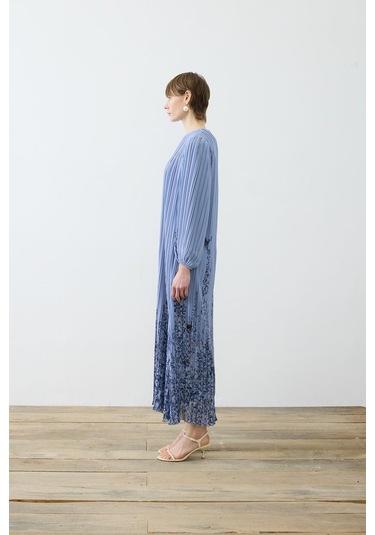 Sümbül Desen Pliseli Şifon Elbise Terzi Dükkani Mavi