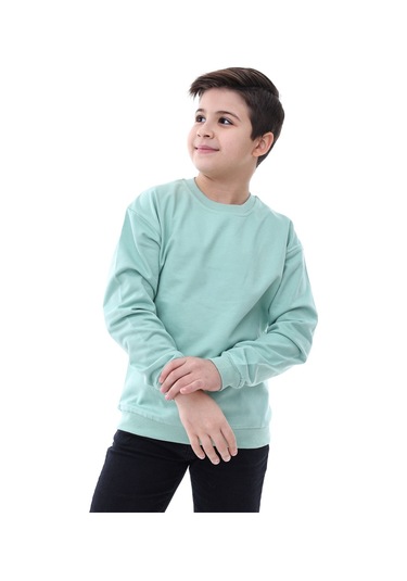 Basic Bisiklet Yaka Şardonlu Çocuk Sweatshirt 3-10 Yaş Krem Su Yeşili