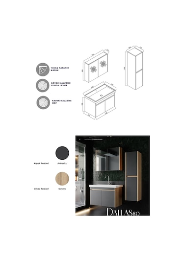 Karen Banyo Dallas 80 Cm Lavabolu, Aynalı Banyo Dolabı, Lavabo Dahil, Boy Dolabı Dahil, S.meşe-Antrasit Antrasit