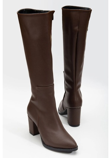 Beyaz Reyna Topuklu Fermuarlı Kadın Çizme Kahve Kahve