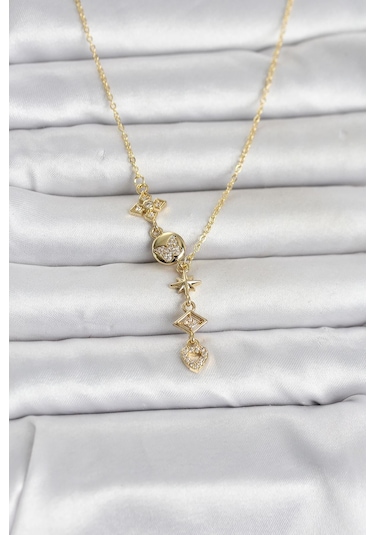 316l Çelik Gold Renk Zirkon Taşlı Y Kadın Kolye Karışık Renk