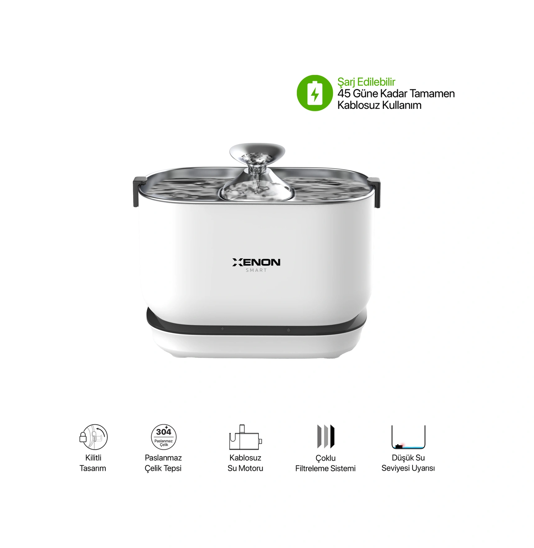 Xenon Smart Akıllı Otomatik Kedi Tuvaleti 4lt Çelik Hazneli Mama Kabı Bataryalı Su Pınarı Ve Yedek Filtre Pet Seti