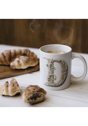 D Harfi Bardak, Monogram 330 Ml Barok Oymalı Görünüm Beyaz