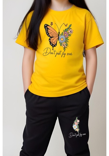 Don't Just Fly Baskılı Kız Çocuk Tişört Ve Eşofman Alt-üst Takım Sarı