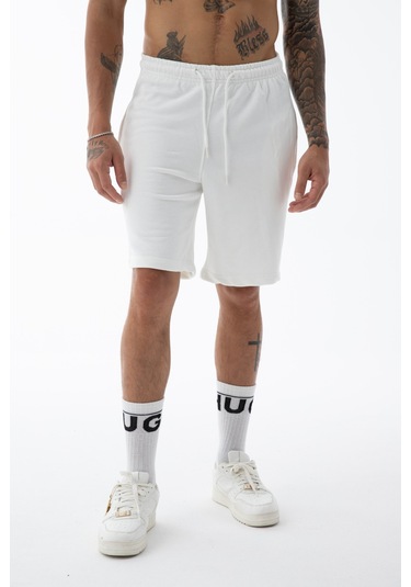 Erkek Beyaz Yüksek Kalite Relax-fit Rahat Kesim %100 Pamuk Bağcıklı Siyah Düz Basic Şort Beyaz
