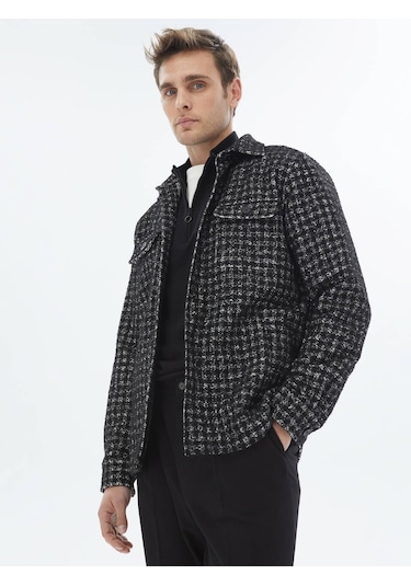 Kip Siyah Kareli Regular Fit Dokuma Yün Karışımlı Overshırt Siyah