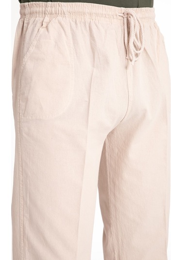 Erkek Ham Bez Lastikli Yüksek Bel Rahat Kalıp %100 Natural Pamuk Eşofman Alt Pantolon Alt Giyim 2188-Krem