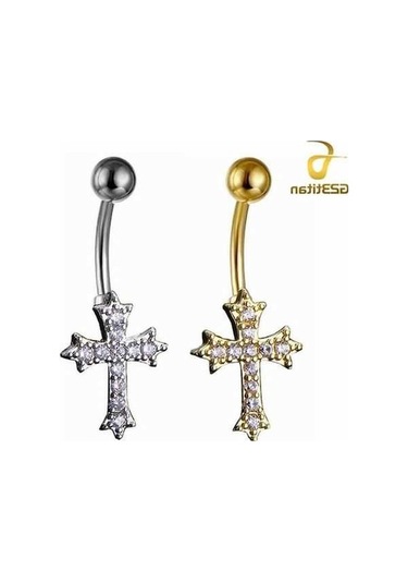 Flybuy Altın Gümüş Zirkon Çapraz Sembol Kavisli Titanyum Navel Ring, 1.5cm, Göbek Yüzük, Dini Tasarım, G23titan Marka, Paslanmaz Çelik Ve Titanyum, Erkek/kadın, Moda Aksesuar Gümüş