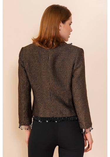 Serpil Exclusive Kadın Püskül Detaylı Kısa Blazer Ceket Kahve