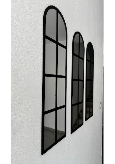 Pleksi Aynalı Siyah Mdf 3lü Duvar Penceresi 80x25 Cm Siyah