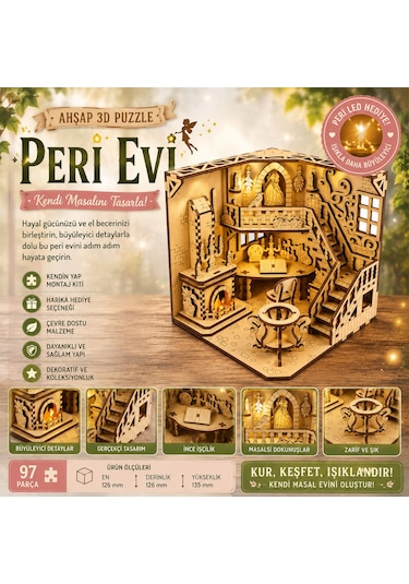 Peri Evi Ahşap Maket Seti Dıy Miniatür Büyülü Peri Evi Peri Led Hediye 3d Puzzle