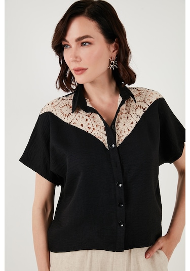 Lela Dantelli Relaxed Fit Kısa Kollu Bayan Gömlek 5865764 Siyah