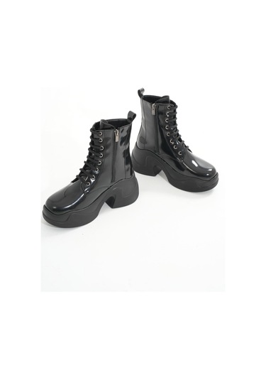 Fz-2550 Siyah Rugan Yüksek Tabanlı Bağcıklı Fermuarlı Günlük Kadın Bot Beyaz