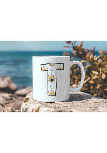 T Harfi Arı Desenli Kupa - Sevimli Hayvan Temalı Kişiye Özel Kahve Kupası - Şans Kupası Beyaz