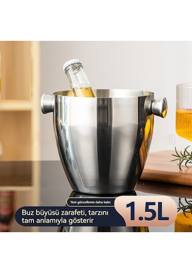 Paslanmaz Çelik Buz Kovası Şampanya Kovası Kırmızı Şarap Soğuk Bira Buz Kovası Ktv Bar Isı Isı Buz Kovası Buz Kovası Buz Kovası Tek Katman 1.5l Büyük Kapasiteli İki Kulak Çelik