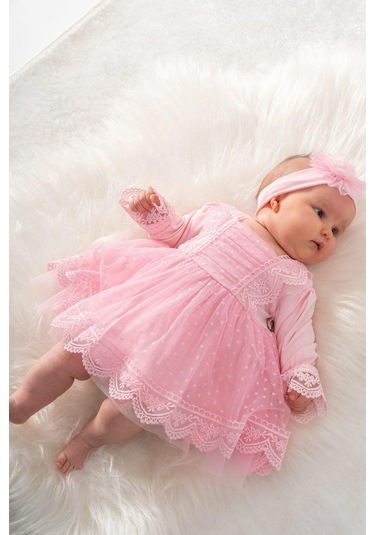Pembe Dantelli Kız Bebek Tül Elbise Pembe