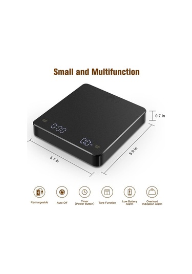 Zamanlayıcılı Kahve Tartısı, 0.1g/3kg, Şarj Edilebilir, Otomatik Kapanma, Barista İçin Siyah