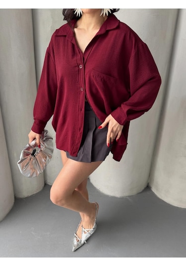 Paw Garage Kadın Flory Ayrobin Oversize Tek Cep Gömlek Bordo