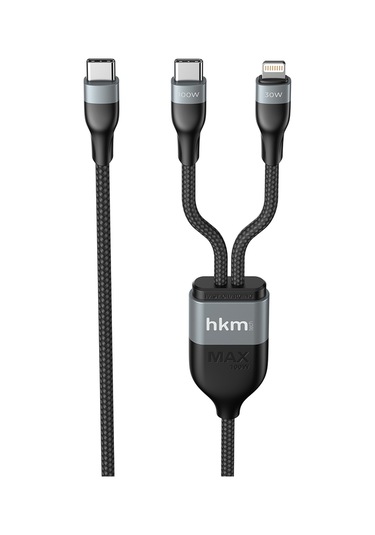 Duo Power 100W Çift Uçlu Type-C To Lightning + Type-C Şarj Kablosu Örgü Tasarım 1.2 Metre Siyah