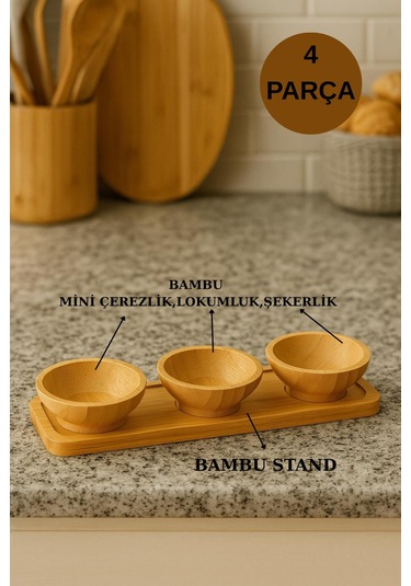 3 Lü Bambu Standlı Mini Lüx Sunum Çerezlik Servis Kasesi Lokumluk Şekerlik Bambu