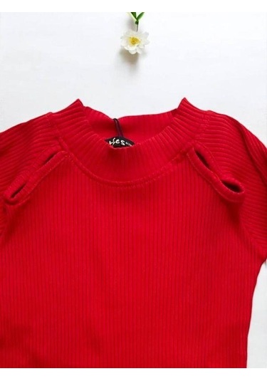 Kız Çocuk Yarım Balıkçı Yaka Detaylı Fitilli Bluz-14344 Kırmızı