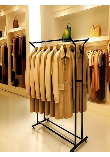 Premium 170 Cm Çelik Konfeksiyon 105 Cm En Elbise Askılık Tekerlekli Demonte Portmanto Hanger Siyah