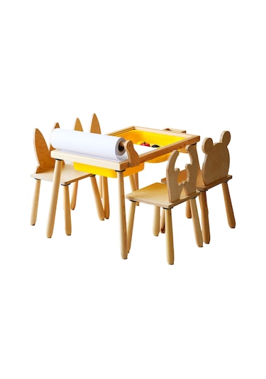 Woodnjoy Wood & Joy Ahşap Duyusal Çocuk Aktivite Masası 2 Sandalye Seti + Rulo Kağıt - Beyaz
