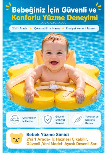 Bebek Yüzme Simidi 2'si 1 Arada- İç Haznesi Çıkabilir, Güvenli ,yeni Model- Ayıcık Desenli Sarı Ld00