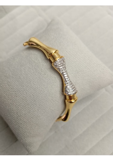 Zirkon Taşlı Gold Renk Kelepçe Bileklik Gold