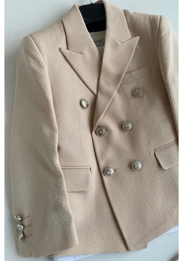 Gofre Kruvaze Ceketli Tişörtlü Çocuk Takım Elbise Bej Bej