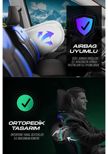 Siyah - Mavi Garni Panda Dragon Serisi Dokuma Kumaş Oto Koltuk Kılıfı - Tam Set